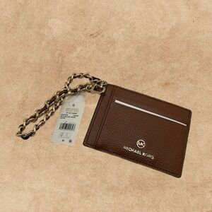 NWT Michael Kors Jet Set Charm Small ID Chain Card Holder Camel Pebbled Leather